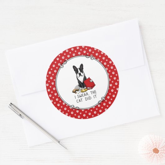 De kat deed het Boston Terrier Dog (zwart). Ronde Sticker (Envelop)