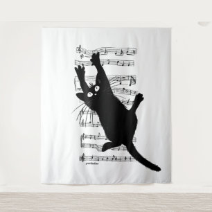 De kat hangt aan muzieknoten wandkleed
