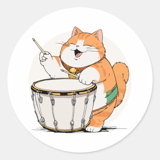 De kat speelt de trommel ronde sticker (Voorkant)
