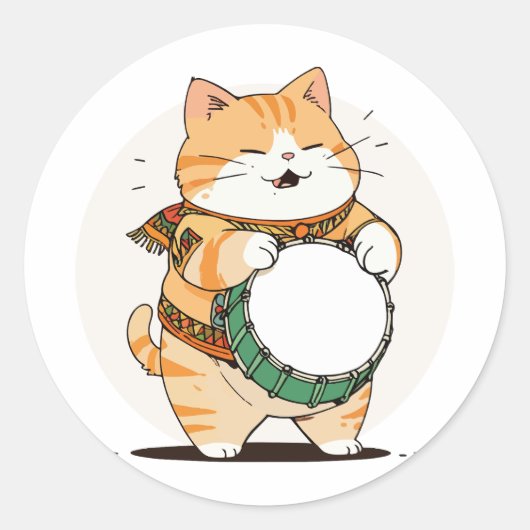 De kat speelt de trommel ronde sticker (Voorkant)