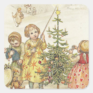 De kerstboom decorteren vierkante sticker