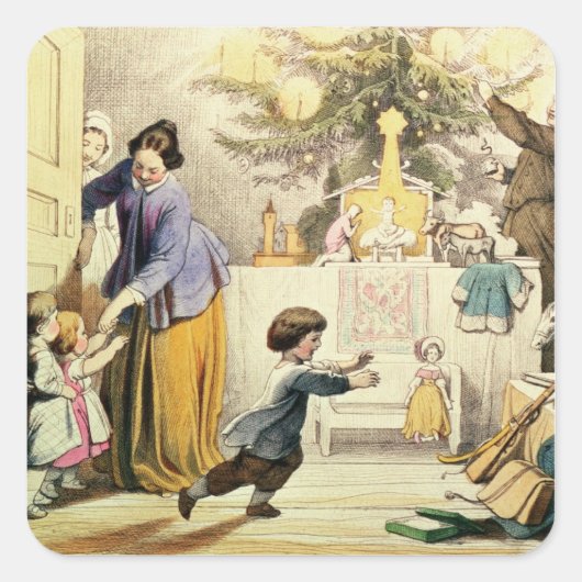 De kerstboom decorteren vierkante sticker (Voorkant)