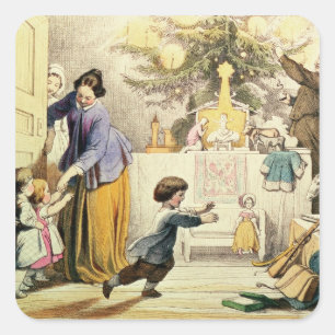 De kerstboom decorteren vierkante sticker
