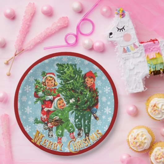 De kerstboom halen papieren bordje (Feest)