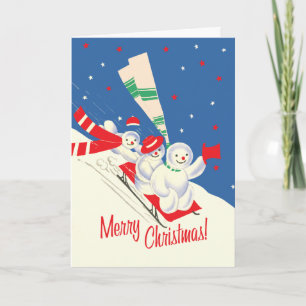 De Kerstkaart van de Sneeuwmannen van Sledding van Feestdagen Kaart
