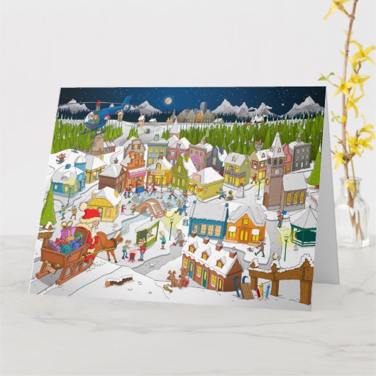 De kerstman arriveert in het dorp  kaart (Gele Bloem)