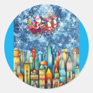 DE KERSTMAN BOVEN DE STAD RONDE STICKER