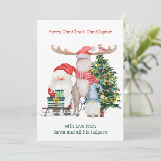 De Kerstman en zijn Helpers kletsen gepersonalisee Feestdagenkaart (Staand voorkant)