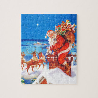 De kerstman en zijn rendier op de dak legpuzzel