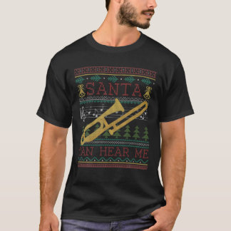 De kerstman hoort me trombonen op een lelijke mani t-shirt
