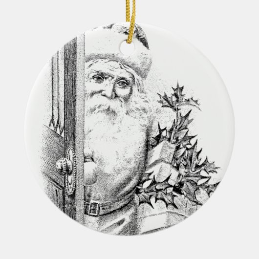 De kerstman komt door de deur. keramisch ornament (Voorkant)