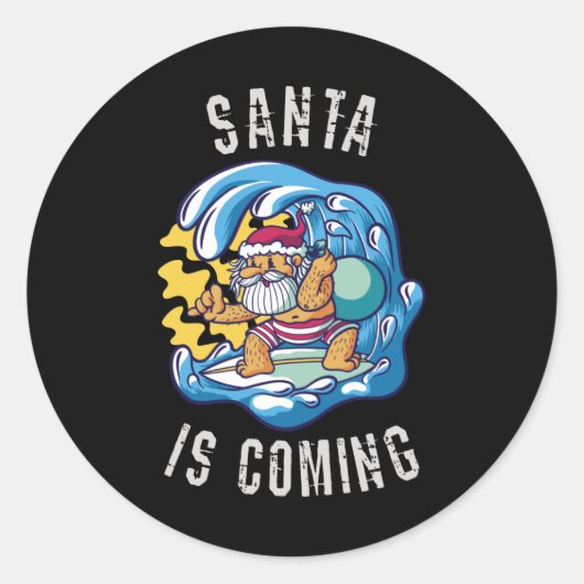 De kerstman komt van Surfboard Ronde Sticker (Voorkant)