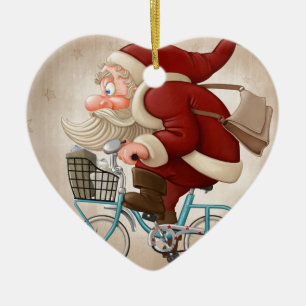 De kerstman rijdt met de fiets keramisch ornament