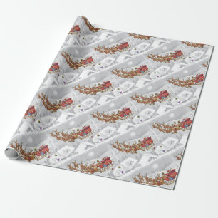 De kerstman rijdt op een slee met cadeaudoos cadeaupapier