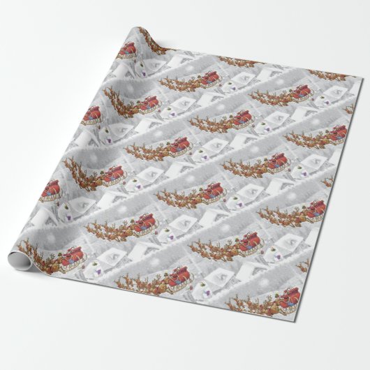 De kerstman rijdt op een slee met cadeaudoos cadeaupapier (Uitgerold)