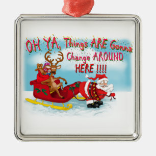 De kerstman trekt rendier. metalen ornament
