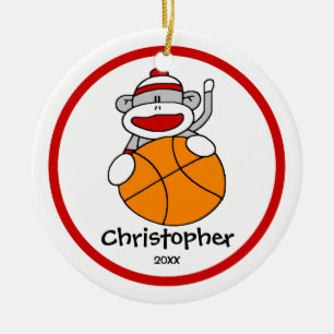De kerstversiering van Sock Monkey Basketball Boy Keramisch Ornament
