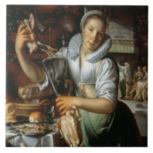 De keuken Maid (met Christus, Mary en Martha) c. Tegeltje