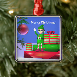 De kleine Kerstmis Elf die op cadeaus staat Metalen Ornament