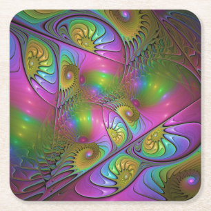 De kleurrijke lichtgevende Trippy Abstracte Fracta Vierkante Kartonnen Onderzetter