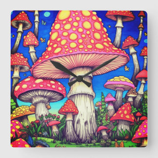De Kleurrijke Rode en Gele Paddenstoelen op een Vierkante Klok