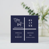 De knoop vastbinden | Blue Modern Wedding Photo Save The Date (Staand voorkant)