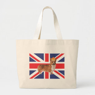 De Koningin Corgi met Kroon en Uniefanaat Grote Tote Bag