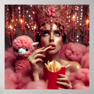 De koningin in de kroon met friet en alpaca poster