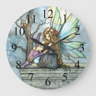 De kunstklok van Thinker Fairy en Owl Fantasy Grote Klok