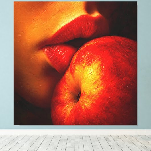 De kus van nectarine – Een intieme portret Canvas Afdruk (Insitu (Houten vloer))