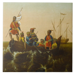 De landing van Columbus, c.1837 (olie op canvas) Tegeltje