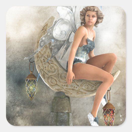 De Lazy Moon Fairy Vierkante Sticker (Voorkant)
