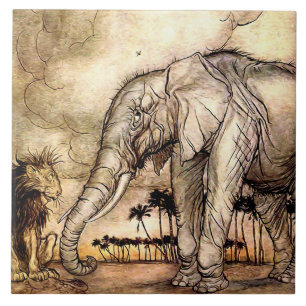 “De Leeuw en de Olifant” door Arthur Rackham Tegeltje