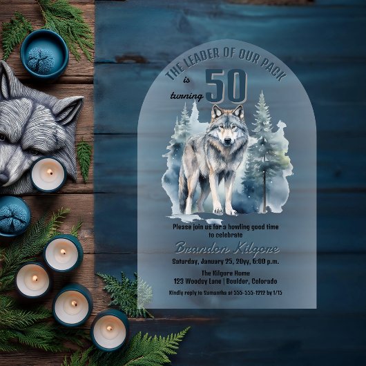 De leider van onze roedel Wolf 50ste verjaardagsfe Acryl Uitnodigingen