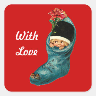 De leuke Kous van Kerstmis, Weinig Kind, Wit Rood Vierkante Sticker