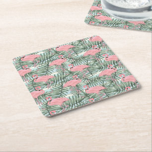 De leuke Roze Palm Flamingoes doorbladert Patroon Vierkante Kartonnen Onderzetter
