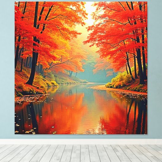 De levendige Autumn Forest River Canvas Afdruk (Insitu (Houten vloer))