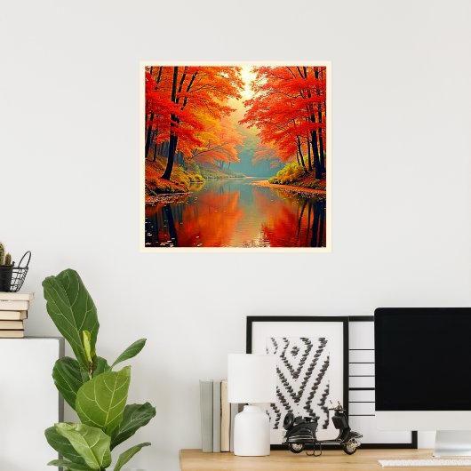 De levendige Autumn Forest River Poster (Thuiskantoor)