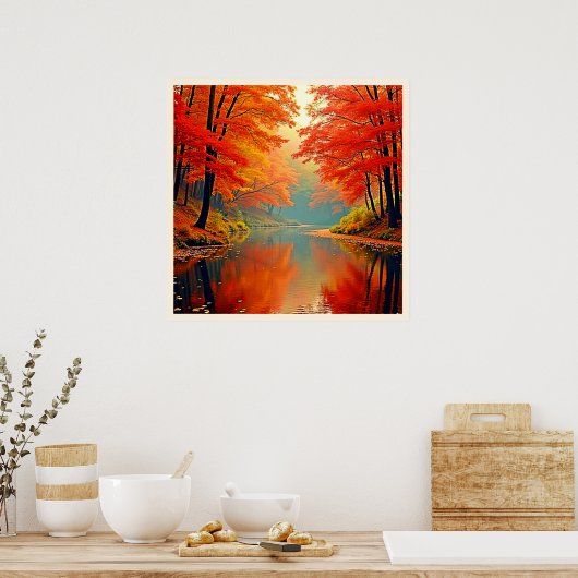De levendige Autumn Forest River Poster (Keuken)