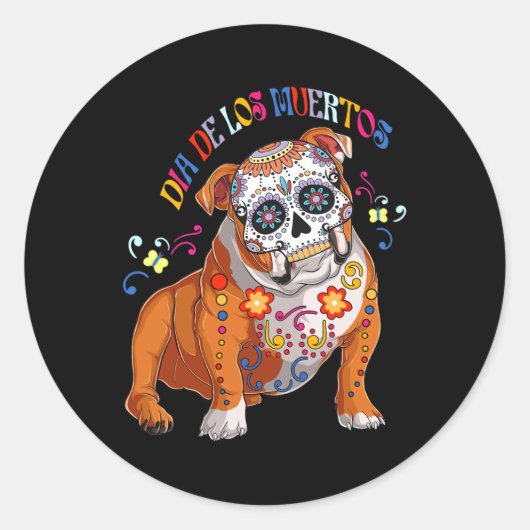 De Los Muertos Engelse buldog bloemenschedel gezic Ronde Sticker (Voorkant)