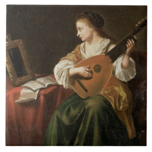 De Lute Player (olie op het paneel) Tegeltje