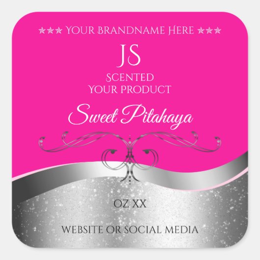 De Luxe Wavy Silver Decor Hot Pink Monogram Label (Voorkant)