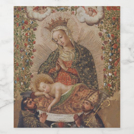 De Maagd aanbidt het Christuskind Kerstmis Wijn Etiket (Enkel label)