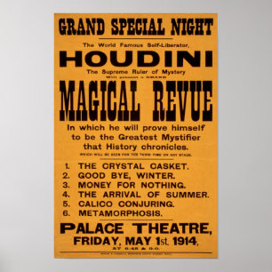 De Magische Revue van Houdini, 1914. Oude reclame Poster