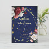 De marineblauwe rozen bruiloft nodigt sjabloon uit kaart (Staand voorkant)