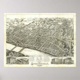 De Massa van Springfield. 1875 antiek Panoramische Poster
