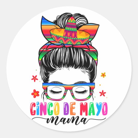 De Mayo Mama Messy Bun Haar Mexicaanse Moeders Da Ronde Sticker (Voorkant)