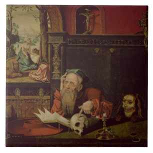 De Meditatie van St. Jerome (olie op het paneel) Tegeltje