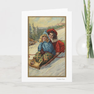 De Meisjes Sledding van ChristmasTwo Feestdagen Kaart