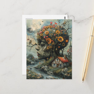 De menselijke boom die vogels en bloemen beschut briefkaart